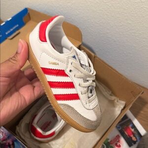 adidas Kids Samba White with Red Stripes and Gum Sole
